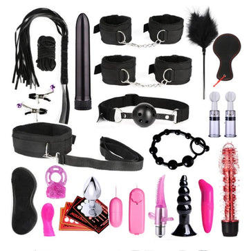28 PCS Black BDSM Sexy Leather Kits Adults Sex Toy Set for Women Men Handcuffs Nipple Clamps Whip Spanking Sex Metal Anal Plug Vibrator Butt