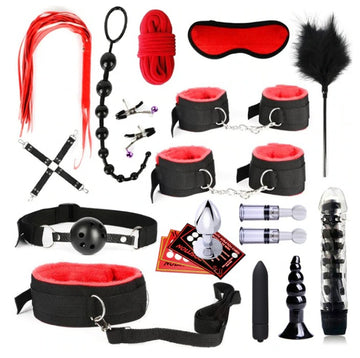 22 PCS Red BDSM Sexy Leather Kits Adults Sex Toy Set for Women Men Handcuffs Nipple Clamps Whip Spanking Sex Metal Anal Plug Vibrator Butt