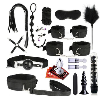 22 PCS Black BDSM Sexy Leather Kits Adults Sex Toy Set for Women Men Handcuffs Nipple Clamps Whip Spanking Sex Metal Anal Plug Vibrator Butt