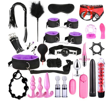 28pcs Super Purple PCS BDSM Sexy Leather Kits Adults Sex Toy Set for Women Men Handcuffs Nipple Clamps Whip Spanking Sex Metal Anal Plug Vibrator Butt