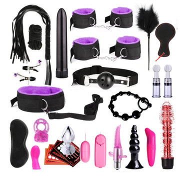 28 PCS Purple BDSM Sexy Leather Kits Adults Sex Toy Set for Women Men Handcuffs Nipple Clamps Whip Spanking Sex Metal Anal Plug Vibrator Butt